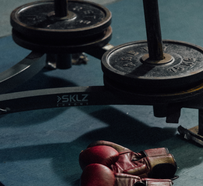 Fitness equipment - weights and boxing gloves