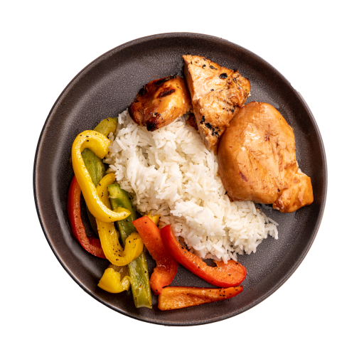 Huli Huli chicken with a side of rice and bell peppers on a charcoal colored plate