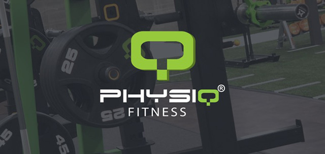 gym with green and black equipment overlayed by a green weight icon above Physiq Fitness