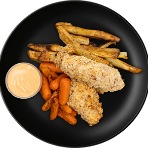 Almond Crust Chicken Strips + Baked Fries + Baby Carrots
