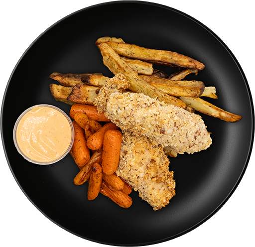Almond Crust Chicken Strips + Baked Fries + Baby Carrots